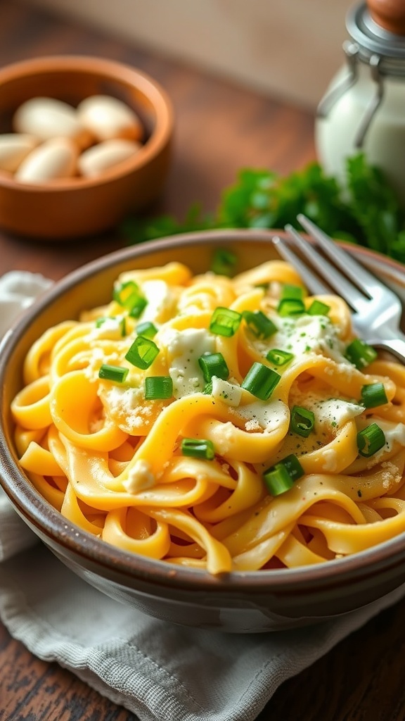 A bowl of creamy Noodles Romanoff with green onions, served in a rustic kitchen setting.